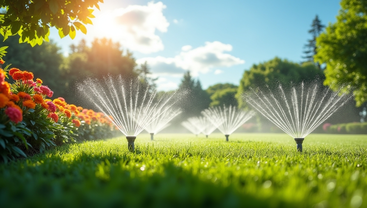 Modernes Gartenbewässerungssystem mit Sprinklern